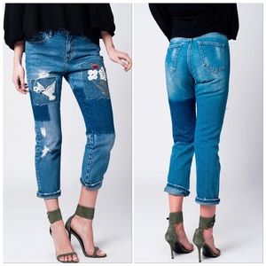 🆕Y2K Medium Blue Patchwork Floral Bird Embroidered Straight-Leg Boyfriend Jeans